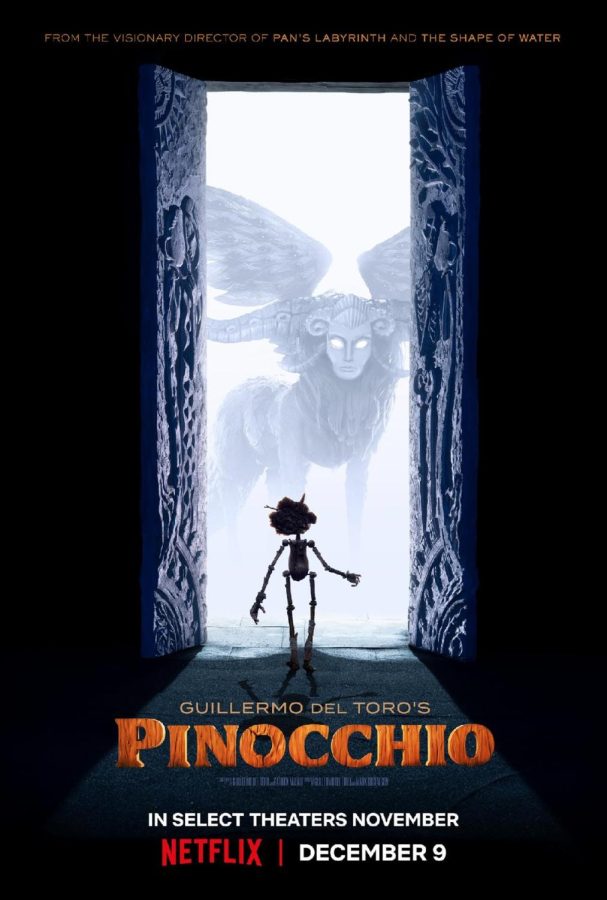 The promotional poster for the Netflix movie Guillermo Del Toros Pinocchio features the wooden boy looking out a set of doors at a sphynx-like creature.