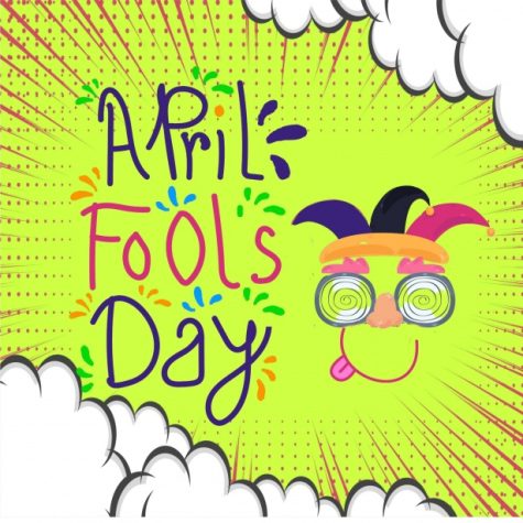 An April Fool's graphic includes the phrase "April Fool's Day" presented in colored string-looking print and a court jester against a lime green background.