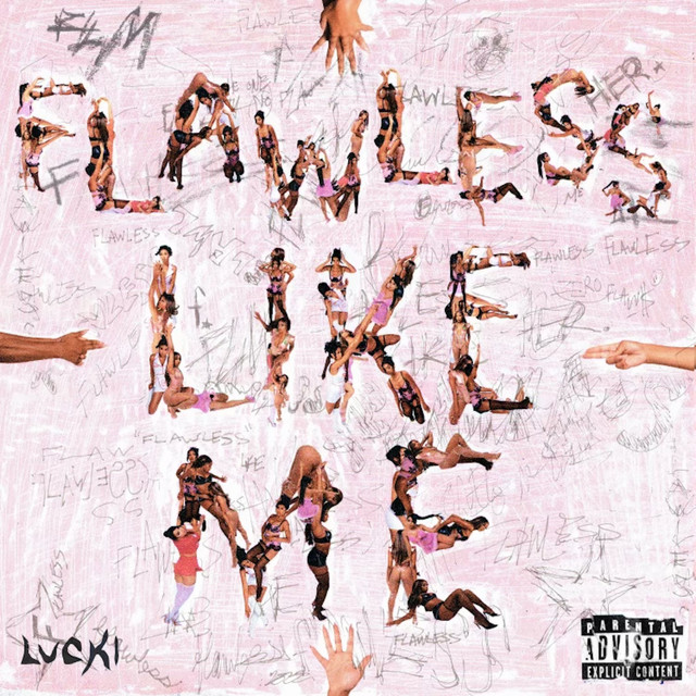 The album cover for Flawless Like Me by Lucki shows the title spelled out through the use of human bodies arranged to form the letters against a pink background.