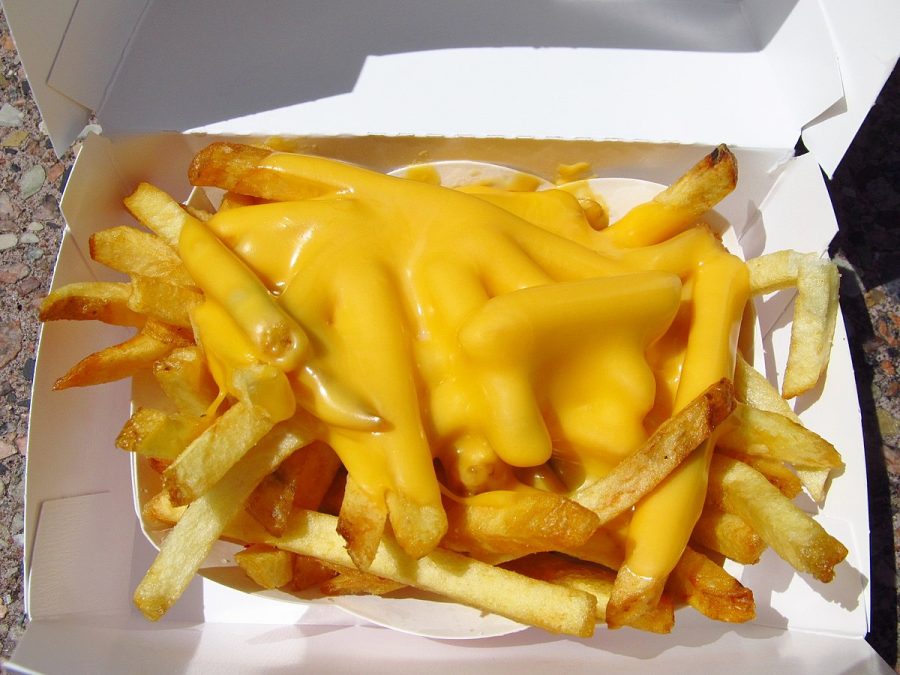 Fries dripping with cheddar cheese sits in an open paper food container.