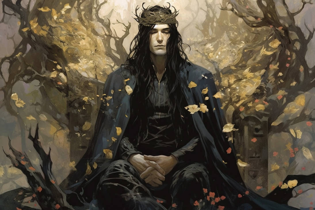 Once of the characters in the game is a prince-like figure with an organic crown and leaves falling around him in a woods.