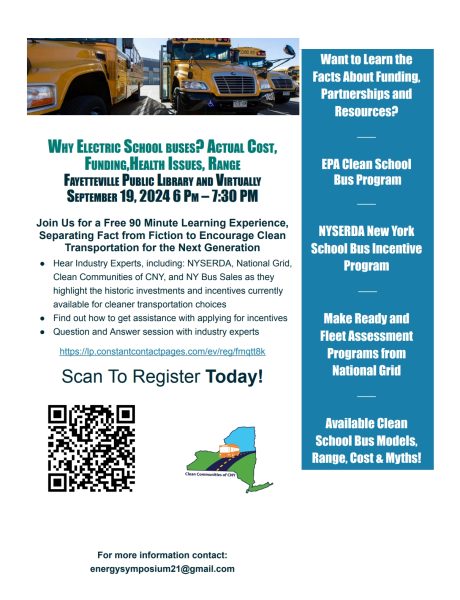 The poster includes photos of buses along with a qr code to register for information.