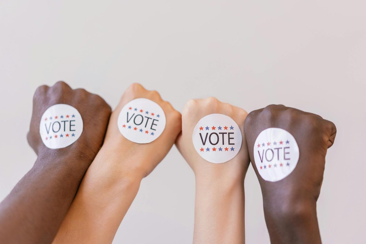 Hands are held up with "Vote" stickers on them.