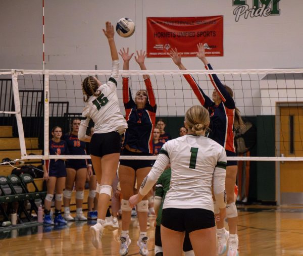 Kalyna Dannenberg spikes the ball at the net.