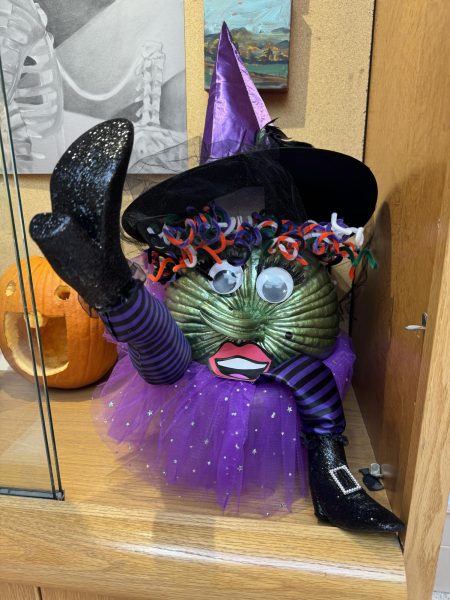 This pumpkin is painted green and turned sideways so the stem is the witch's nose. The rest of the costume includes a black and purple hat, black boots, a purple tutu and curl pipe cleaner hair.