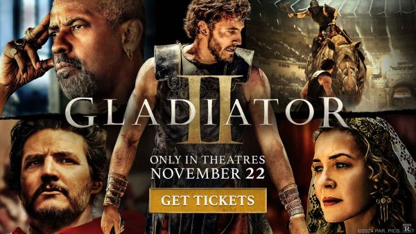 The poster depicts the gladiator in the center with portrait images of the other characters around him.