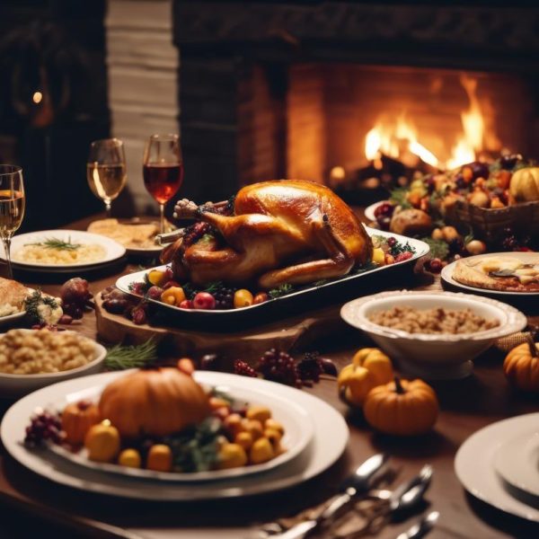 The turkey is center stage on the table with side dishes all around, wine glasses in the back, and a roaring fire in the background.