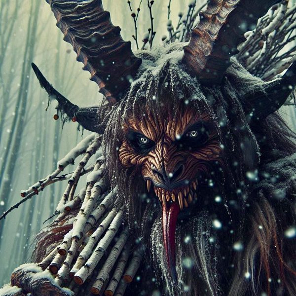 In this Krampus interpretation, the creature has long spear-like horns, white eyes, yellow fangs, and a snake-like tongue.