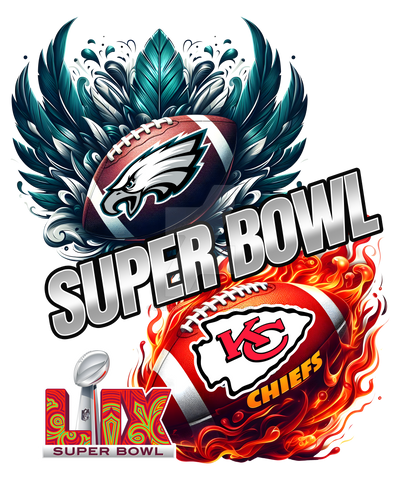 The promo image features logos from both teams on the face of footballs. Green feathers surround the Eagles football. Flames surround the Chiefs football.