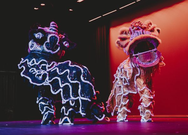 The Lion Dance, one blue and one gold, perform on stage.