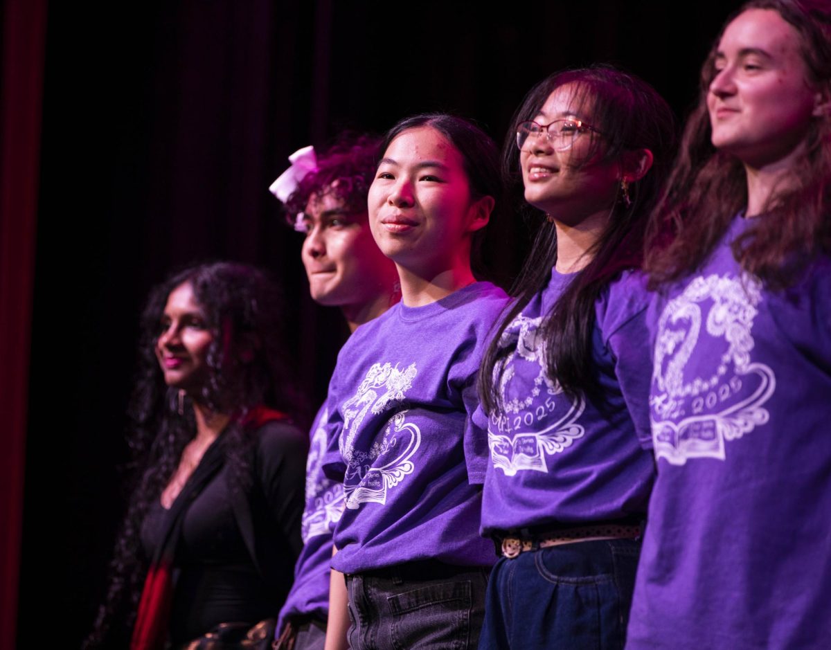 Performers stand in line on stage as they receive applause.