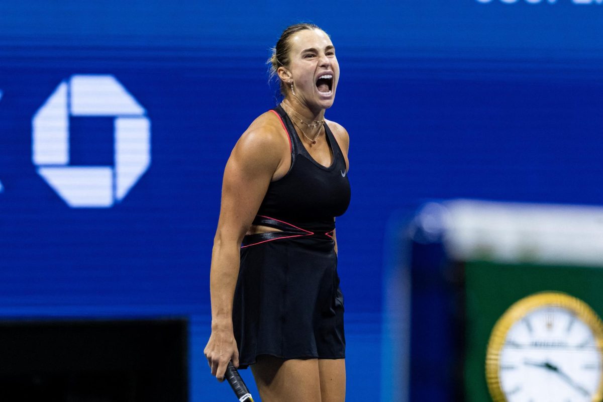 Aryna Sabalenka of Belarus yells in celebration after winning in the semifinals of the US Open.