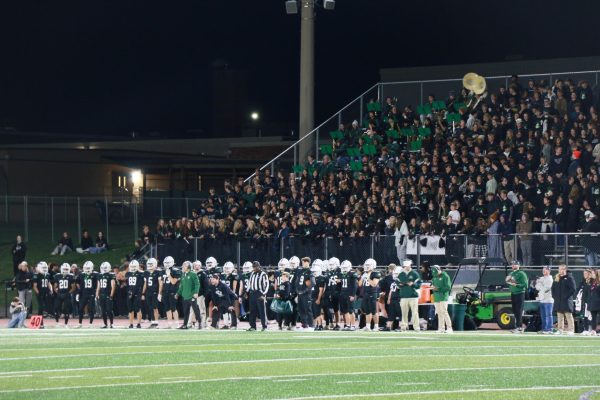 The team looks on from the sideline as a play is run.