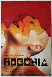 The poster displays a close up of the main character with a shaved head, looking up. A red and yellow liquid substance drips down her face.