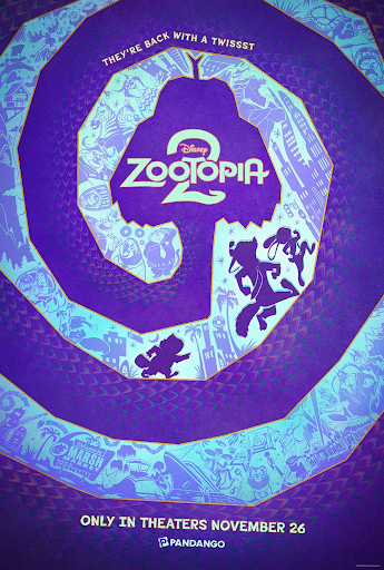 The poster depicts the lead characters running up a giant purple spiral that appears to be made of snake scales and winds internally to the head of the snake. The film title appears in white on the top of the snake's head.