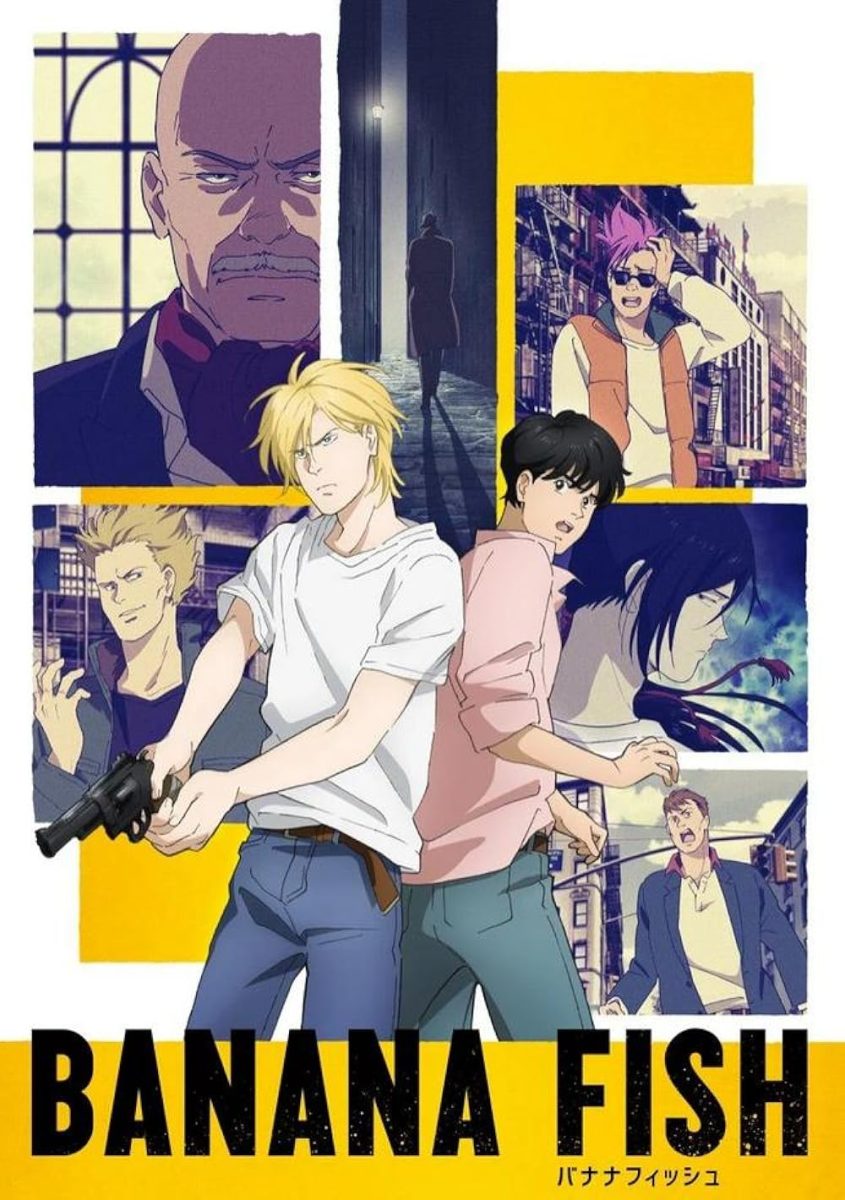 The poster shows the lead characters facing back to back with several framed scenes behind them. The show title is displayed at the bottom in black letters against a yellow background.