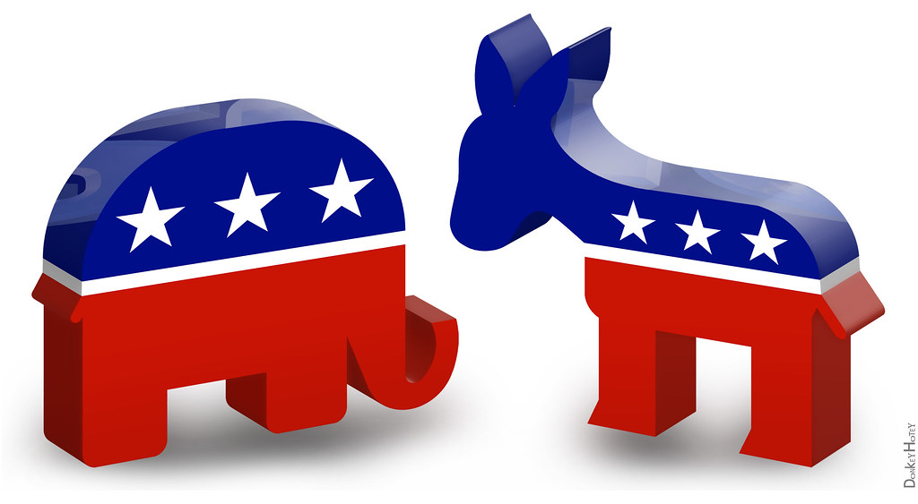 The graphic displays an elephant and donkey in 3D facing into the middle. Both figures have red lower bodies and blue upper bodies with three white stars across the blue.