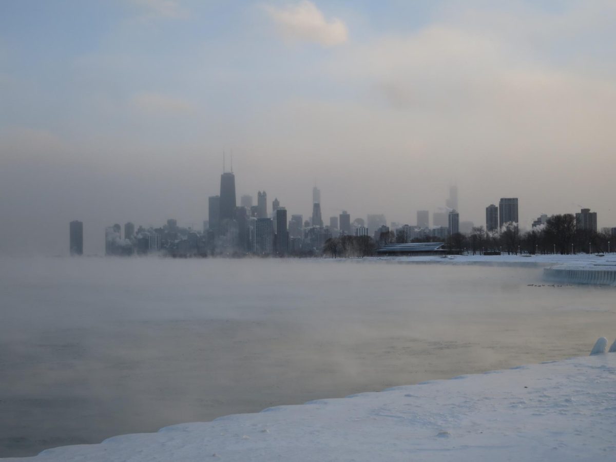 Downtown Chicago is shown across from a body of water during the polar vortex. The water is semi-frozen with fog rising over it.