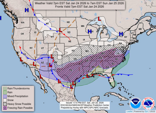 The map shows the US with the affected areas with much of the South getting mixed precipitation or freezing rain.