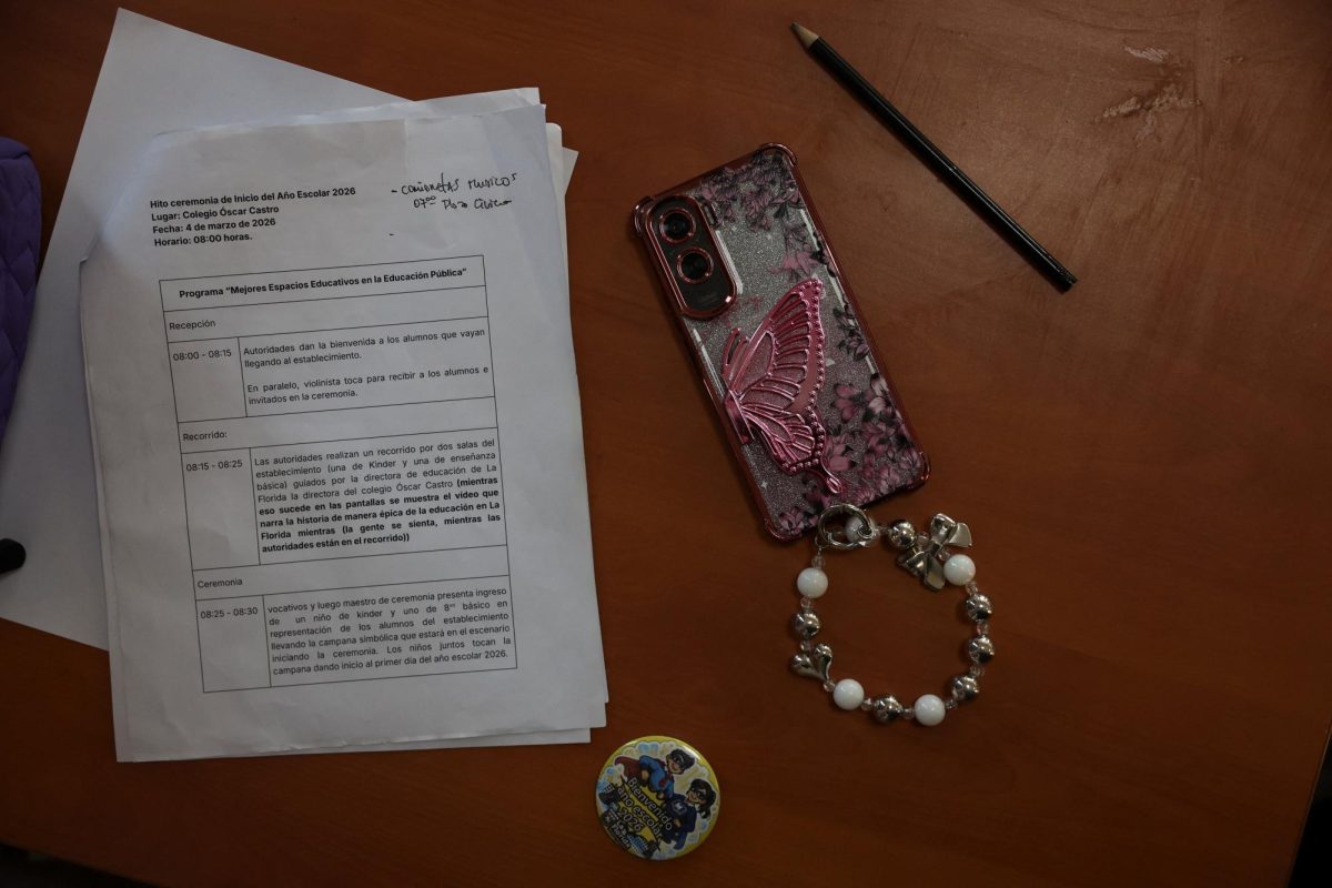 A cell phone on a table in a classroom as a new law comes into effect that prohibits the use of cell phones, tablets and smartwatches in schools in Santiago, Chile, March 4, 2026. REUTERS/Pablo Sanhueza