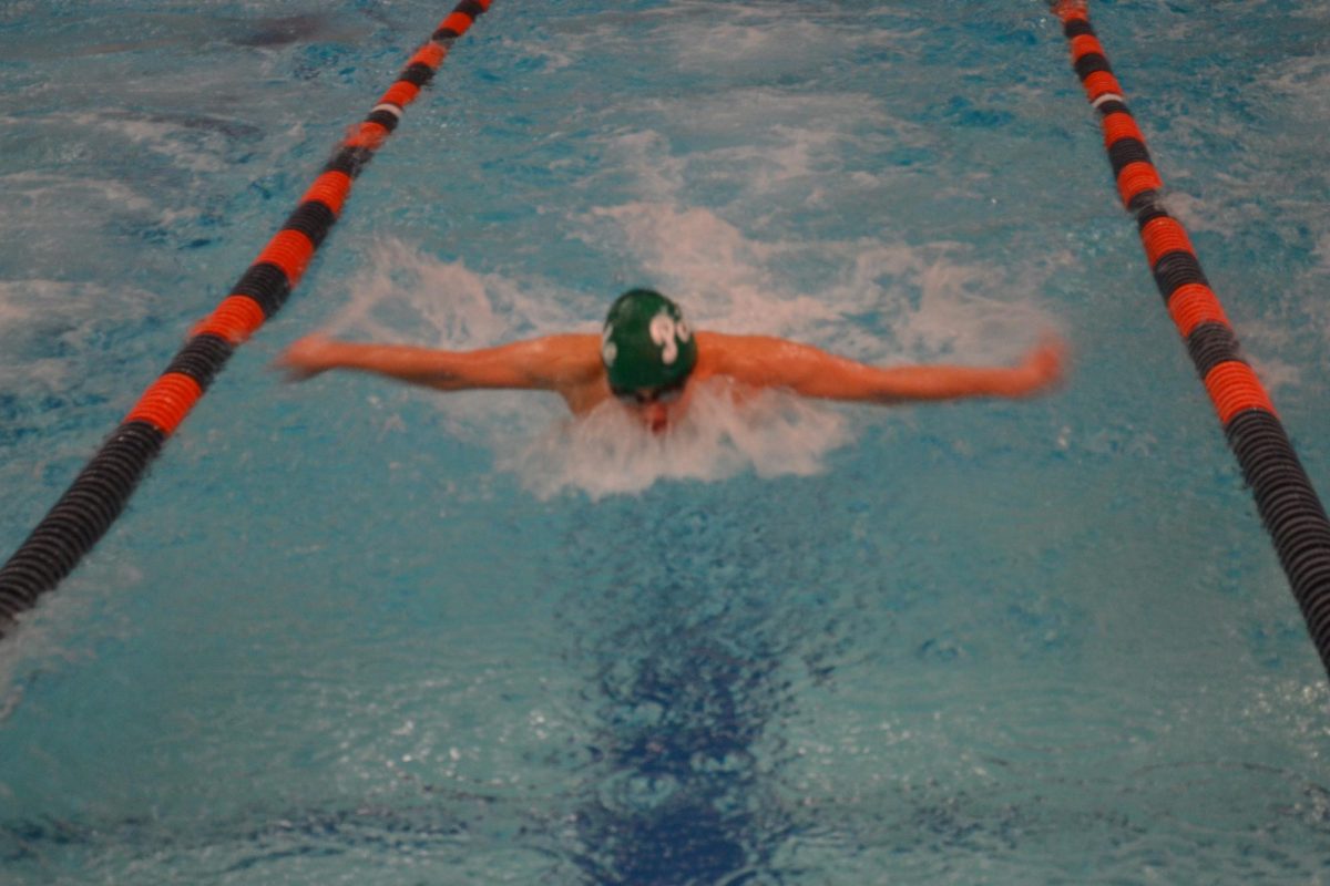 The FM swimmer is mid-stroke. He has a green and white cap on, working his way up the lane. The lane dividers are alternating blue and orange.